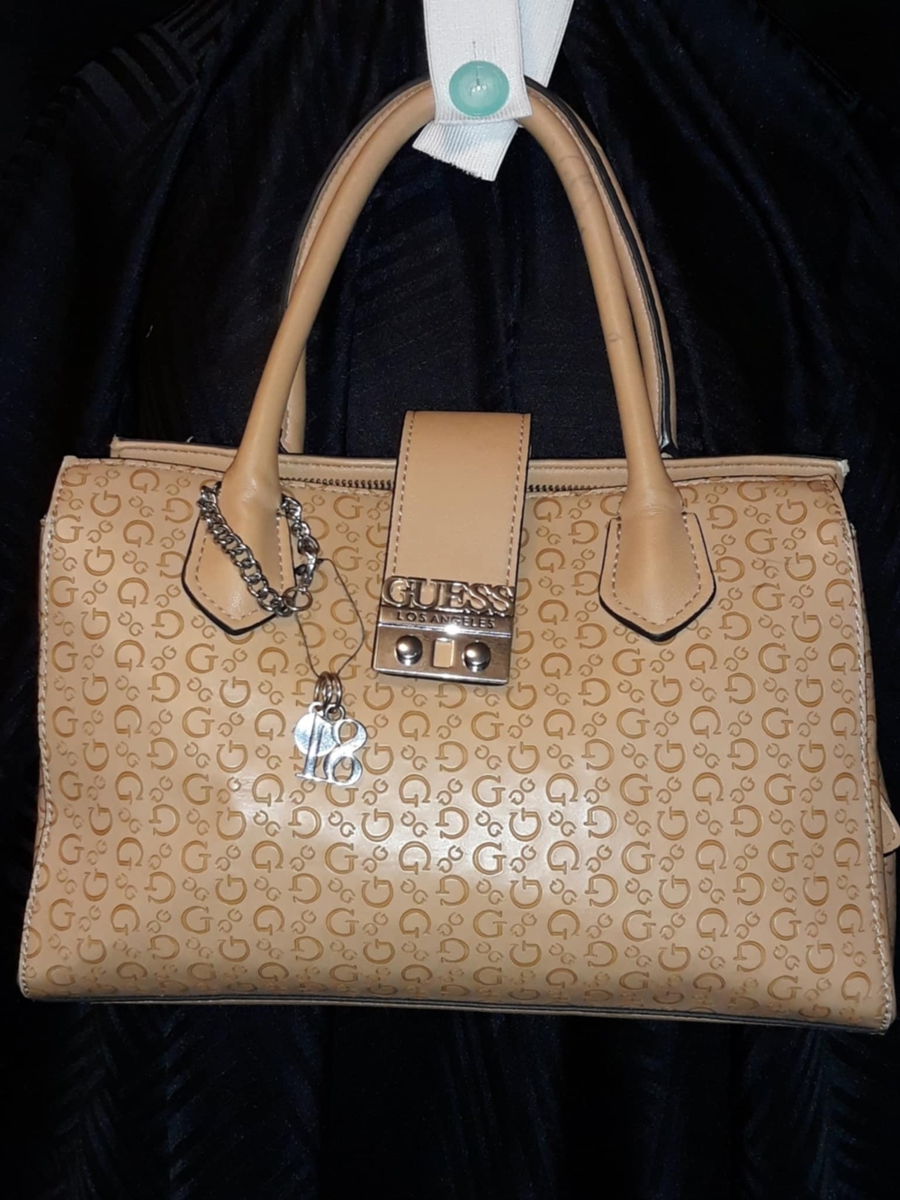 GUESS Beige Logo-Print Satchel with Charm